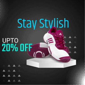 Adidas tennis shoes on display with a sale promotion