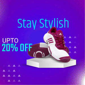 Adidas maroon and white shoes on a white platform with a discount offer.