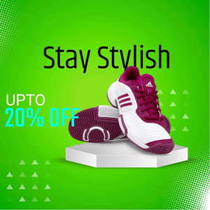 Adidas shoes on display with a sale promotion