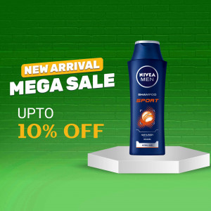 Nivea Men Sport Shampoo bottle on a pedestal with a sale promotion.