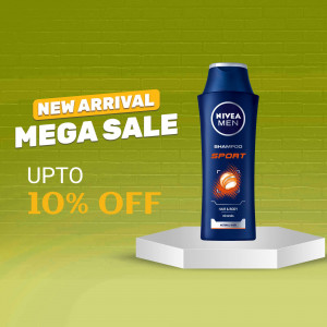 Nivea Men Sport Shampoo bottle on a pedestal with a sale banner