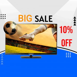 TV with a soccer ball and football stadium scene on the screen, advertising a sale.