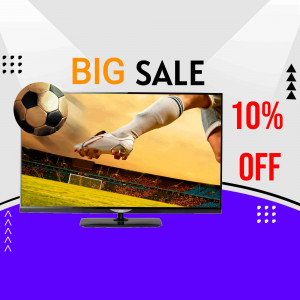 TV with a soccer ball and football stadium scene, advertising a sale.