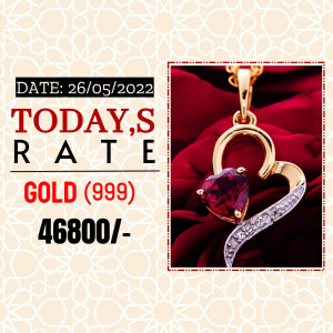 Image displaying today's gold rate (999) and a heart-shaped pendant with a ruby.