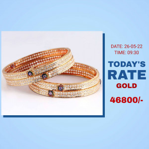 Close-up of gold bangles with today's gold rate displayed