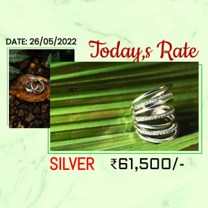 Image displaying the current silver rate with a silver ring and leaf background.