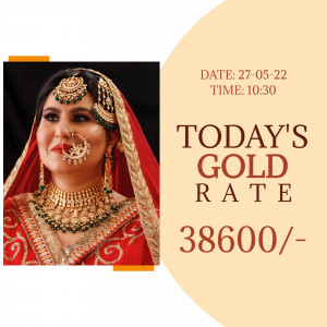 Indian bride wearing gold jewelry with gold rate information