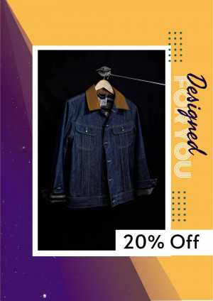 A denim jacket with a brown collar hanging on a hanger, with a promotional offer of 20% off.