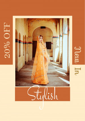 Indian woman in traditional orange wedding attire with a 20% off promotion.