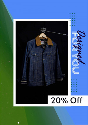 A denim jacket with brown collar hanging on a hanger, with a promotional offer.