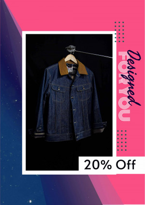 A denim jacket with a brown collar hanging on a hanger, with a promotional offer.