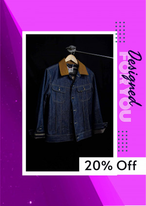 A denim jacket with a brown collar hanging on a hanger, with a promotional offer.