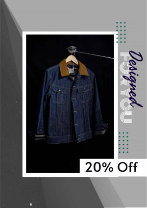 A denim jacket with a brown collar hanging on a hanger, with a promotional offer.
