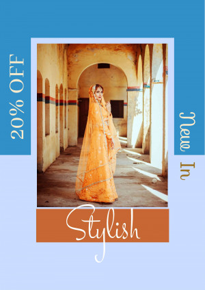 Indian bride in orange and gold wedding attire with a 20% off promotion.