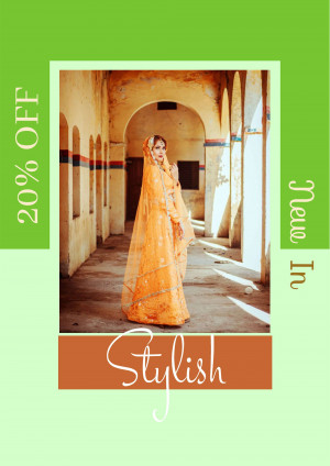 Indian bride in orange and gold wedding attire with a 20% off sale promotion.