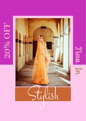 Indian bride in orange and gold traditional attire with a 20% off promotion.