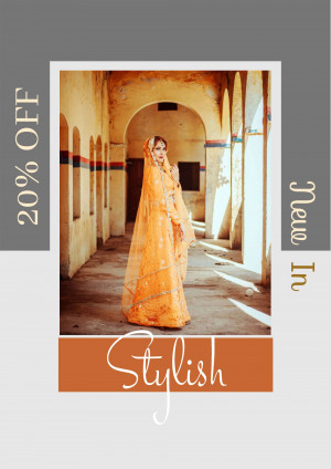 Indian woman in orange bridal attire with a 20% off promotion