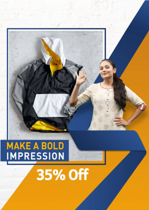 Woman smiling next to a hooded jacket with a sale promotion.