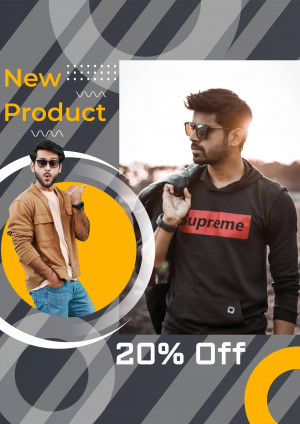 Man wearing stylish clothing promoting a new product with a 20% discount.