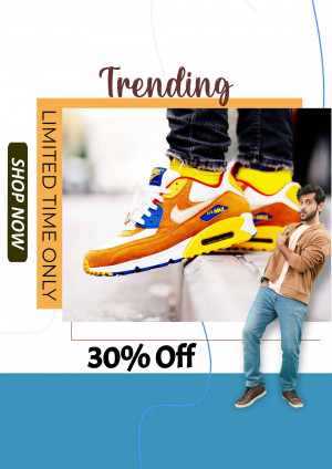 Man wearing stylish yellow and orange sneakers with a 30% off promotion.