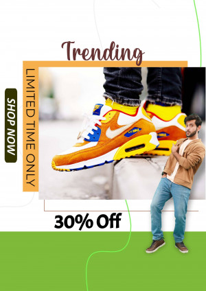 Man wearing stylish yellow and orange sneakers with a 30% off promotion.