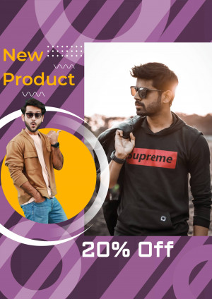 Man wearing stylish clothing promoting a new product with a 20% discount.