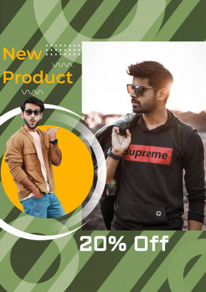 Man wearing casual clothing promoting a new product with a 20% discount.
