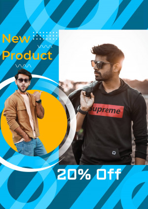 Man wearing stylish clothes promoting a new product with a 20% discount.