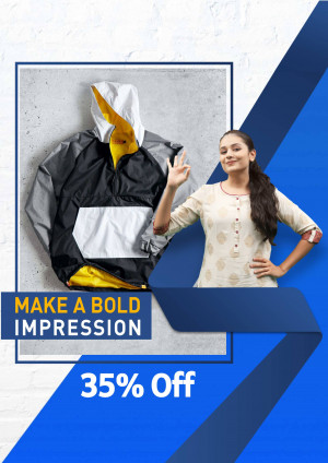 Woman modeling a black and yellow hoodie with a 35% off promotion.