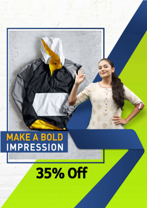 A woman smiling next to a hoodie with a unique design, advertising a 35% discount.