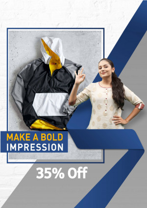 Woman modeling a black and yellow hoodie with a 35% off promotion.