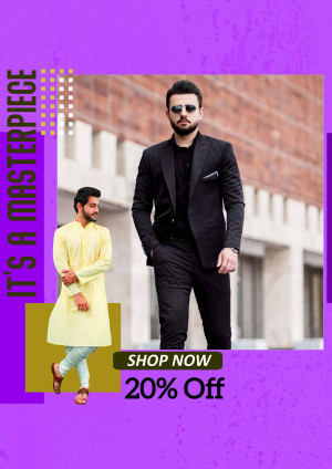 Two men, one in a black suit and one in a yellow kurta, promoting a 20% off sale.