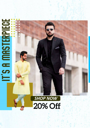 A man in a black suit and another in a yellow kurta promoting a 20% off sale.