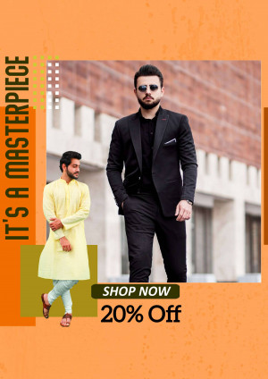 Two men modeling traditional and modern attire with a sale promotion.