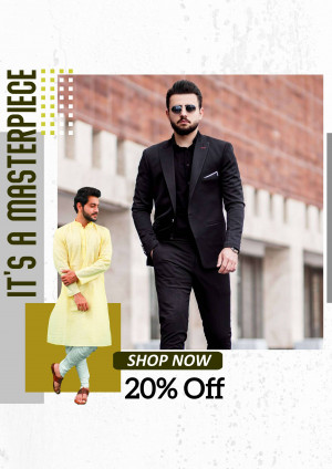 Two men modeling traditional and modern attire with a sale promotion.