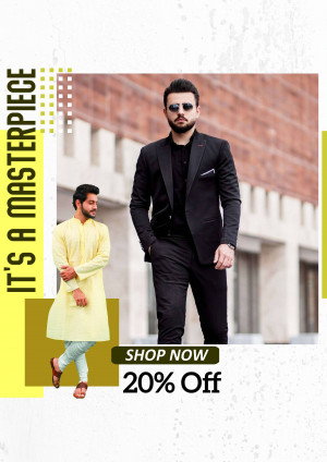 Man in a black suit and another in a kurta, promoting a 20% off sale.