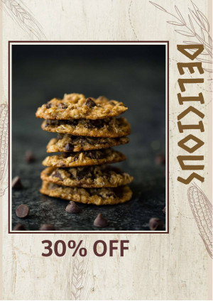 Stack of chocolate chip cookies with a promotional offer