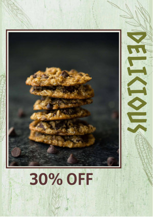 Stack of chocolate chip cookies with a promotional offer