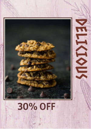 Stack of chocolate chip cookies with a promotional offer.
