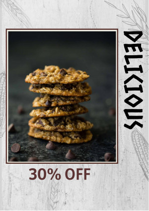 Stack of chocolate chip cookies with a promotional offer