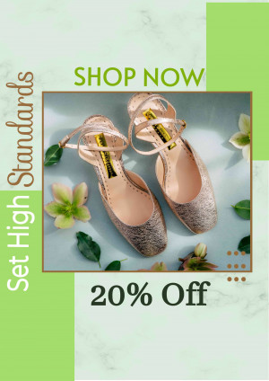 Close-up of sparkling rose gold heels with floral accents and a sale promotion.