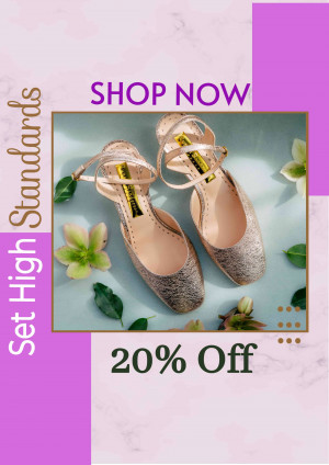 Close-up of sparkling gold heels with a floral background and a 'Shop Now' promotion.