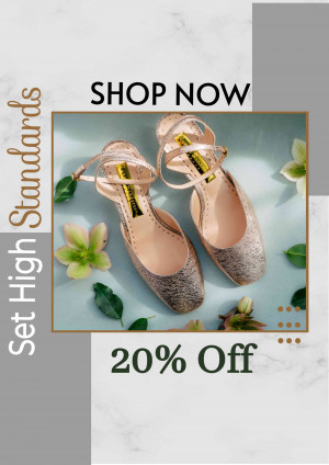 Close-up of sparkling gold heels with a 'Shop Now' promotion.