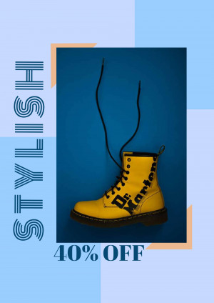 Yellow Dr. Martens boots with laces hanging, advertising a 40% off sale.