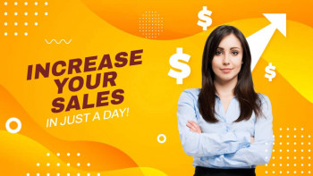 Woman in business attire with graphic elements representing sales increase.