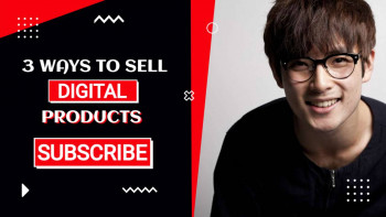Man smiling next to graphic promoting digital product sales
