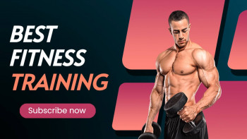 Muscular man lifting dumbbells with fitness training advertisement
