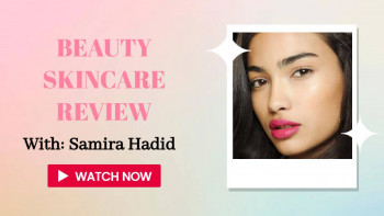 Close-up of a woman's face with text overlay promoting a beauty skincare review.