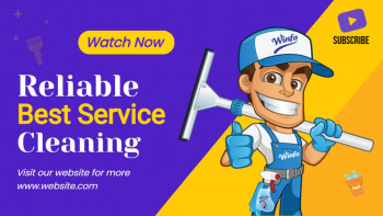 Cartoon illustration of a cleaning professional with a squeegee and cleaning supplies, promoting Winfa cleaning services.