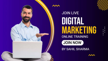 Man presenting a laptop with digital marketing text overlay